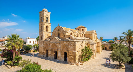The Church of Saint Lazarus in Larnaca, Cyprus, in bright Mediterranean sunlight.